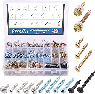 Glarks Assortiment de 320 vis auto-foreuses et auto-taraudeuses - 16 différents types de vis à bois, tôle et cloison sèche - Pour bois, tôle et cloison sèche