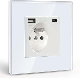 BSEED Prise Murale avec USB et 1 Type C,16A Prise de Courant Alternatif avec Panneau en Verre,Multiprise Murale Max 2.1A,Convient au Smartphone, à la Tablette (Blanc)