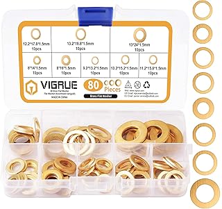 VIGRUE Assortiment de 80 rondelles de porte en laiton massif Ø 8/9,2/10,2/11,2/12,2/13/13,2 mm pour charnières de porte, dans une boîte de rangement