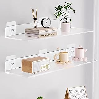 Lot de 2 Étagères Murale sans Percer, Etagere Adhesive Transparente en Acrylique 3 cm, Etagere Murale sans Vis, Trou psansour Salle de Bain, Cuisine, Salon (1, Forme A)