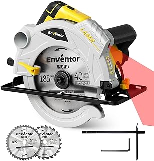Scie Circulaire 1500W, ENVENTOR Scie Circulaire à main avec rail de guidage & guidage laser, 5500RPM, (Ø lame de scie : 185mm, incl. 2*scie circulaire (24T+40T), profondeur de coupe max. 65mm