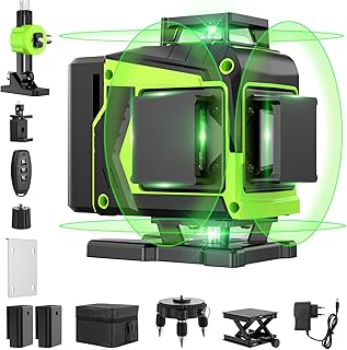 Niveau Laser Chantier Autonivelant 360° x 4, Lazer Niveaux 4D 16 Lignes Laser, Autonivellement et Mode Pulsé Extérieur, 2 x Batterie, Nivellement Automatique, Support Rotatif, Télécommande