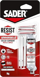 Sader Resist Universelle – Colle Bi-Composants type Epoxy – Colle de Réparation Tous Supports – Intérieur/Extérieur – Couleur : Translucide – 1 Seringue de 10 g (+ 3 embouts mélangeurs)