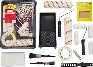 Fit For The Job Lot Premium 21 pièces, Rouleaux et bac - Pinceaux,bâche,papier de verre,ruban et autres jeux de rouleaux pour peinture-émulsion murs et plafonds, Mini rouleaux peinture bois et métal