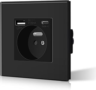 BSEED Prise Murale avec USB et Type C, Prise de courant en Verre avec USB 2.1A courant 16 Amp 240V 86mm Noir