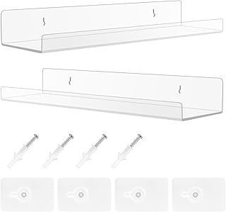 Etagere Murale Sans Percage, 2 PièCes Acrylique Transparent Petite Etagere Murale Flottantes Sans Perçage pour Salle de Bain, Salon et Chambre à Coucher, étagère à épices, Bibliothèque, Décoration
