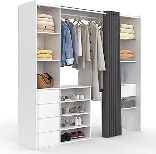 IDMarket - Dressing extensible double XXL MERYL 120/180 cm blanc avec tiroirs + étagères + penderie + rideau gris