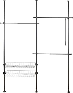 WENKO Portant vêtement téléscopique pour Dressing sur Mesure Herkules Duo| Garde Robe 3 tringles 2 paniers Solution sans perçage | Réglable Longueur et Hauteur | Acier| 164-215x165-300x38cm |Noir