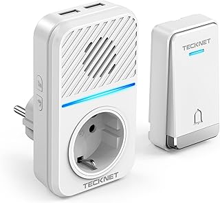 TECKNET Sonnette sans Fil, 400M Sonnette de Porte sans Fil Auto-alimentée, IP65 Étanche Carillon Electronique, Kit de Carillon avec Prises USB Externe et Lumière LED, 60 Mélodies, 5 Niveaux Volumes