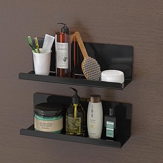 Toski Lot de 2 Étagères Murales en Acrylique Sans Perçage - Noir - 30 cm - À Coller pour Cuisine, Flottante pour Photos, Adhésive pour Salle de Bain